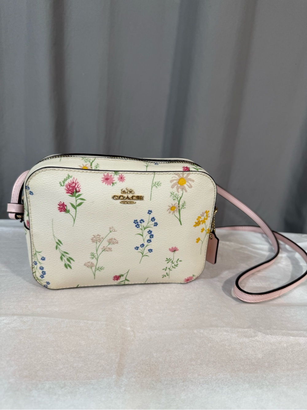 Coach Floral Mini Jamie Camera Bag - Cream with Pink Strap